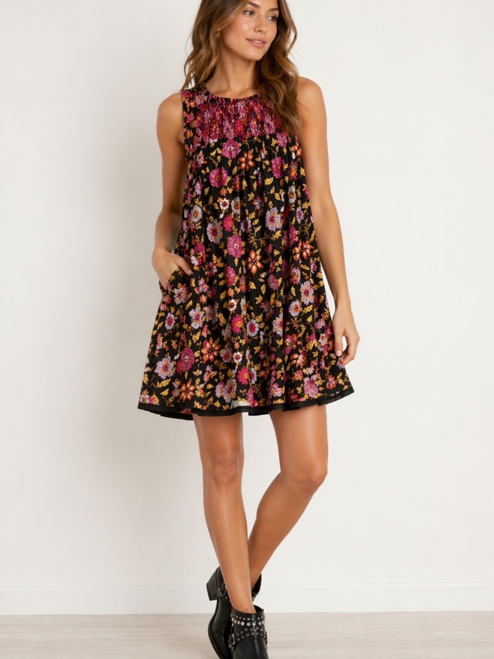 Free People Oh Baby Floral Mini Dress Black Pink Smocked Boho Pockets Size Small